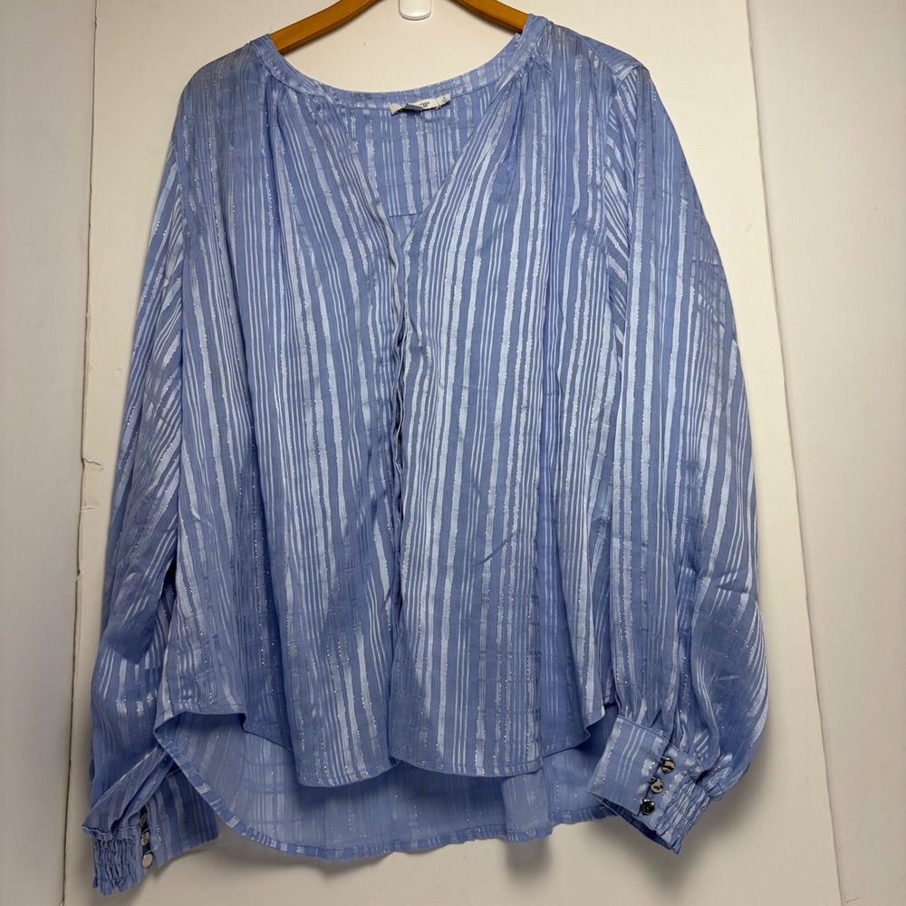 Chicos‎ Blue Metallic Stripe V-Neck Blouse Long Sleeve Shimmer Top Size 3 US 16